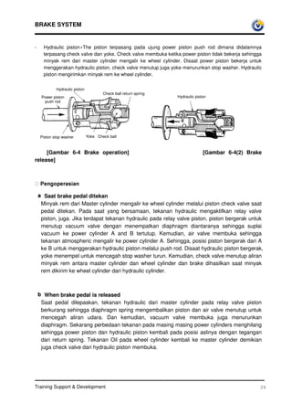 BRAKE SYSTEM


-     Hydraulic piston•The piston terpasang pada ujung power piston push rod dimana didalamnya
      terpasang check valve dan yoke. Check valve membuka ketika power piston tidak bekerja sehingga
      minyak rem dari master cylinder mengalir ke wheel cylinder. Disaat power piston bekerja untuk
      menggerakan hydraulic piston, check valve menutup juga yoke menurunkan stop washer. Hydraulic
      piston mengirimkan minyak rem ke wheel cylinder.

            Hydraulic piston
                                       Check ball return spring
     Power piston                                                 Hydraulic piston
      push rod




    Piston stop washer         Yoke Check ball



     [Gambar 6-4 Brake operation]                                               [Gambar 6-4(2) Brake
release]



    3HQJRSHUDVLDQ
    | Saat brake pedal ditekan
    a
     Minyak rem dari Master cylinder mengalir ke wheel cylinder melalui piston check valve saat
     pedal ditekan. Pada saat yang bersamaan, tekanan hydraulic mengaktifkan relay valve
     piston, juga. Jika terdapat tekanan hydraulic pada relay valve piston, piston bergerak untuk
     menutup vacuum valve dengan menempatkan diaphragm diantaranya sehingga suplai
     vacuum ke power cylinder A and B tertutup. Kemudian, air valve membuka sehingga
     tekanan atmospheric mengalir ke power cylinder A. Sehingga, posisi piston bergerak dari A
     ke B untuk menggerakan hydraulic piston melalui push rod. Disaat hydraulic piston bergerak,
     yoke menempel untuk mencegah stop washer turun. Kemudian, check valve menutup aliran
     minyak rem antara master cylinder dan wheel cylinder dan brake dihasilkan saat minyak
     rem dikirim ke wheel cylinder dari hydraulic cylinder.



    | When brake pedal is released
    b
     Saat pedal dilepaskan, tekanan hydraulic dari master cylinder pada relay valve piston
     berkurang sehingga diaphragm spring mengembalikan piston dan air valve menutup untuk
     mencegah aliran udara. Dan kemudian, vacuum valve membuka juga menurunkan
     diaphragm. Sekarang perbedaan tekanan pada masing masing power cylinders menghilang
     sehingga power piston dan hydraulic piston kembali pada posisi aslinya dengan tegangan
     dari return spring. Tekanan Oil pada wheel cylinder kembali ke master cylinder demikian
     juga check valve dari hydraulic piston membuka.




Training Support  Development                                                                     39
 