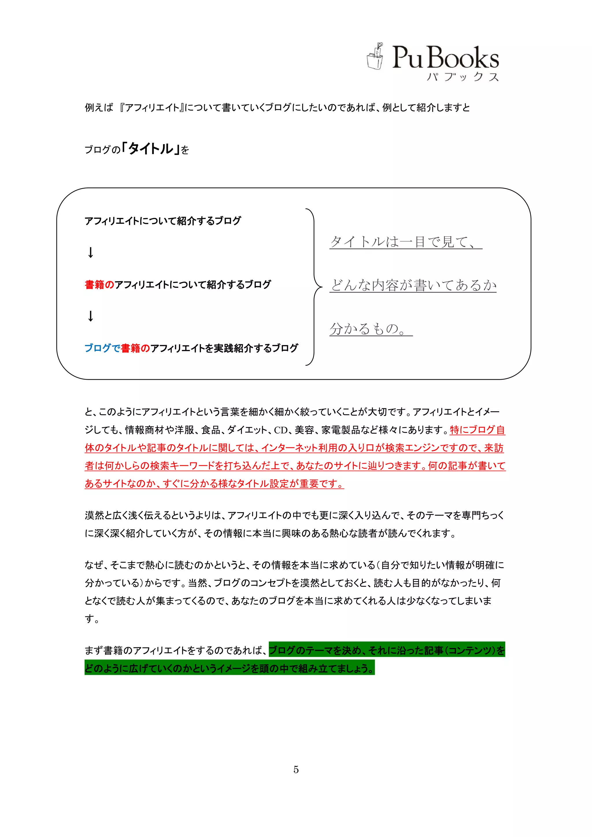 例えば 『アフィリエイト』について書いていくブログにしたいのであれば、例として紹介しますと



ブログの「タイトル」を




アフィリエイトについて紹介するブログ

                             タイトルは一目で見て、
↓

書籍のアフィリエイトについて紹介するブログ        どんな内容が書いてあるか

↓
                             分かるもの。
ブログで書籍のアフィリエイトを実践紹介するブログ




と、このようにアフィリエイトという言葉を細かく細かく絞っていくことが大切です。アフィリエイトとイメー
ジしても、情報商材や洋服、食品、ダイエット、CD、美容、家電製品など様々にあります。特にブログ自
体のタイトルや記事のタイトルに関しては、インターネット利用の入り口が検索エンジンですので、来訪
者は何かしらの検索キーワードを打ち込んだ上で、あなたのサイトに辿りつきます。何の記事が書いて
あるサイトなのか、すぐに分かる様なタイトル設定が重要です。


漠然と広く浅く伝えるというよりは、アフィリエイトの中でも更に深く入り込んで、そのテーマを専門ちっく
に深く深く紹介していく方が、その情報に本当に興味のある熱心な読者が読んでくれます。


なぜ、そこまで熱心に読むのかというと、その情報を本当に求めている（自分で知りたい情報が明確に
分かっている）からです。当然、ブログのコンセプトを漠然としておくと、読む人も目的がなかったり、何
となくで読む人が集まってくるので、あなたのブログを本当に求めてくれる人は少なくなってしまいま
す。


まず書籍のアフィリエイトをするのであれば、ブログのテーマを決め、それに沿った記事（コンテンツ）を
どのように広げていくのかというイメージを頭の中で組み立てましょう。




                         5
 