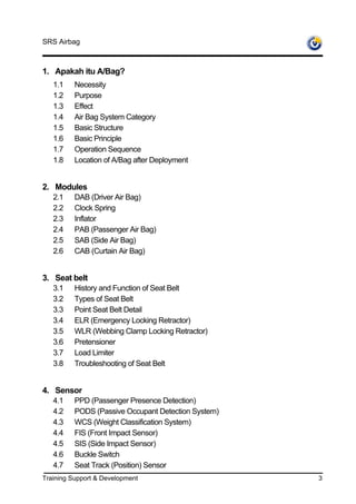 SRS Airbag



1. Apakah itu A/Bag?
   1.1    Necessity
   1.2    Purpose
   1.3    Effect
   1.4    Air Bag System Category
   1.5    Basic Structure
   1.6    Basic Principle
   1.7    Operation Sequence
   1.8    Location of A/Bag after Deployment


2. Modules
   2.1    DAB (Driver Air Bag)
   2.2    Clock Spring
   2.3    Inflator
   2.4    PAB (Passenger Air Bag)
   2.5    SAB (Side Air Bag)
   2.6    CAB (Curtain Air Bag)


3. Seat belt
   3.1    History and Function of Seat Belt
   3.2    Types of Seat Belt
   3.3    Point Seat Belt Detail
   3.4    ELR (Emergency Locking Retractor)
   3.5    WLR (Webbing Clamp Locking Retractor)
   3.6    Pretensioner
   3.7    Load Limiter
   3.8    Troubleshooting of Seat Belt


4. Sensor
   4.1    PPD (Passenger Presence Detection)
   4.2    PODS (Passive Occupant Detection System)
   4.3    WCS (Weight Classification System)
   4.4    FIS (Front Impact Sensor)
   4.5    SIS (Side Impact Sensor)
   4.6    Buckle Switch
   4.7    Seat Track (Position) Sensor
Training Support & Development                       3
 