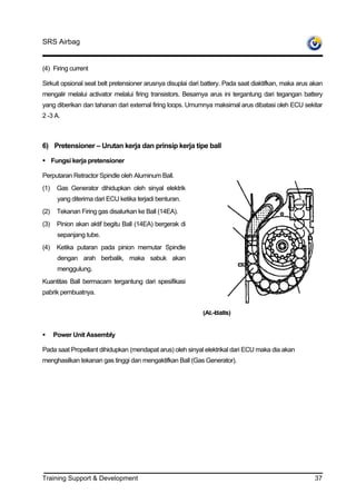 SRS Airbag


(4) Firing current

Sirkuit opsional seat belt pretensioner arusnya disuplai dari battery. Pada saat diaktifkan, maka arus akan
mengalir melalui activator melalui firing transistors. Besarnya arus ini tergantung dari tegangan battery
yang diberikan dan tahanan dari external firing loops. Umumnya maksimal arus dibatasi oleh ECU sekitar
2 -3 A.



6) Pretensioner – Urutan kerja dan prinsip kerja tipe ball

      Fungsi kerja pretensioner

Perputaran Retractor Spindle oleh Aluminum Ball.           Gaspressure                  Ball Trap
(1)    Gas Generator dihidupkan oleh sinyal elektrik
        yang diterima dari ECU ketika terjadi benturan.
                                                                Pipe
(2)    Tekanan Firing gas disalurkan ke Ball (14EA).
(3)    Pinion akan aktif begitu Ball (14EA) bergerak di         Piston
        sepanjang tube.
(4)    Ketika putaran pada pinion memutar Spindle
        dengan arah berbalik, maka sabuk akan
        menggulung.
Kuantitas Ball bermacam tergantung dari spesifikasi
pabrik pembuatnya.
                                                             Massbodies                         Pinion
                                                             (AI.-Balls)


      Power Unit Assembly

Pada saat Propellant dihidupkan (mendapat arus) oleh sinyal elektrikal dari ECU maka dia akan
menghasilkan tekanan gas tinggi dan mengaktifkan Ball (Gas Generator).




Training Support & Development                                                                          37
 