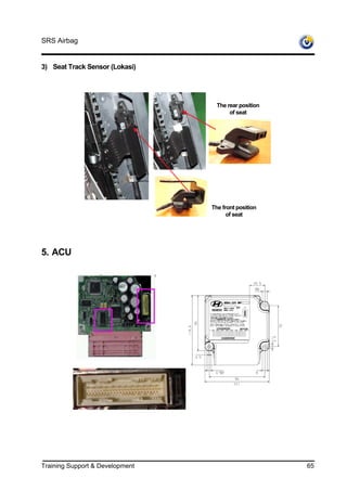 SRS Airbag


3) Seat Track Sensor (Lokasi)




                                   The rear position
                                        of seat




                                 The front position
                                       of seat




5. ACU




Training Support & Development                         65
 