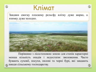 Порівняно з лісостеповою зоною для степів характерні
менша кількість опадів і недостатнє зволоження. Часто
бувають суховії, посухи, пилові та чорні бурі, які завдають
шкоди сільському господарству.
Завдяки своєму плоскому рельєфу влітку дуже жарко, а
взимку дуже холодно.
 