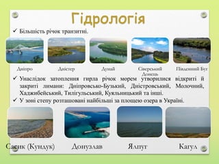 Дніпро Дністер Дунай Сіверський
Донець
Південний Буг
 Більшість річок транзитні.
 Унаслідок затоплення гирла річок морем утворилися відкриті й
закриті лимани: Дніпровсько-Бузький, Дністровський, Молочний,
Хаджибейський, Тилігульський, Куяльницький та інші.
 У зоні степу розташовані найбільші за площею озера в Україні.
Сасик (Кундук) Донузлав Ялпуг Кагул
 