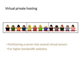 <ul><li>Virtual private hosting </li></ul><ul><ul><li>Partitioning a server into several virtual servers </li></ul></ul><u...