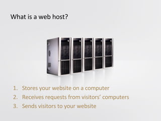 <ul><li>What is a web host? </li></ul><ul><li>Stores your website on a computer </li></ul><ul><li>Receives requests from v...