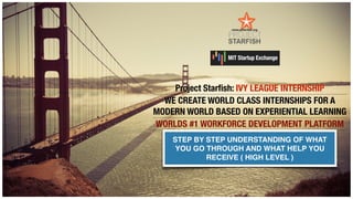 Project Starﬁsh: IVY LEAGUE INTERNSHIP
WE CREATE WORLD CLASS INTERNSHIPS FOR A
MODERN WORLD BASED ON EXPERIENTIAL LEARNING
WORLDS #1 WORKFORCE DEVELOPMENT PLATFORM
www.pstarﬁsh.org | subs@pstarﬁsh.orgSTEP BY STEP UNDERSTANDING OF WHAT
YOU GO THROUGH AND WHAT HELP YOU
RECEIVE ( HIGH LEVEL )
 