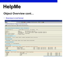 HelpMe Object Overview cont… Overview in List format 