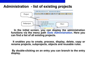 Administration  - list of existing projects In the initial screen, you can display the administration functions via the menu path  Goto Administration . Here you can find a list of all existing projects. It enables you to create, process, display, delete, copy or rename projects, subprojects, objects and reusable rules. By double-clicking on an entry you can branch to the entry display.   Project  Subproject  Object 