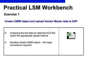 Practical LSM Workbench Create LSMW object and upload Vendor Master data to SAP Exercise 1 Analyzing the test data (in attached XLS file) select the appropriate upload method Develop simple LSMW object -  No major conversions required 