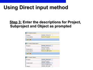 Using Direct input method Step 3:  Enter the descriptions for Project, Subproject and Object as prompted  