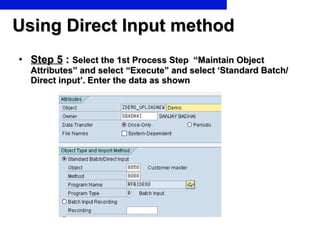Using Direct Input method Step 5  :  Select the 1st Process Step  “Maintain Object Attributes” and select “Execute” and select ‘Standard Batch/ Direct input’. Enter the data as shown 