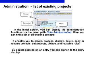 Administration  - list of existing projects <ul><li>In the initial screen, you can display the administration functions vi...
