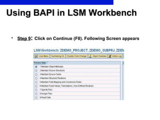 Using BAPI in LSM Workbench <ul><li>Step 9 :  Click on Continue (F8). Following Screen appears </li></ul>