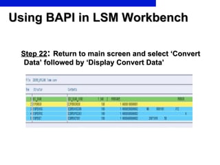 Using BAPI in LSM Workbench <ul><li>Step 22 :  Return to main screen and select ‘Convert Data’ followed by ‘Display Conver...