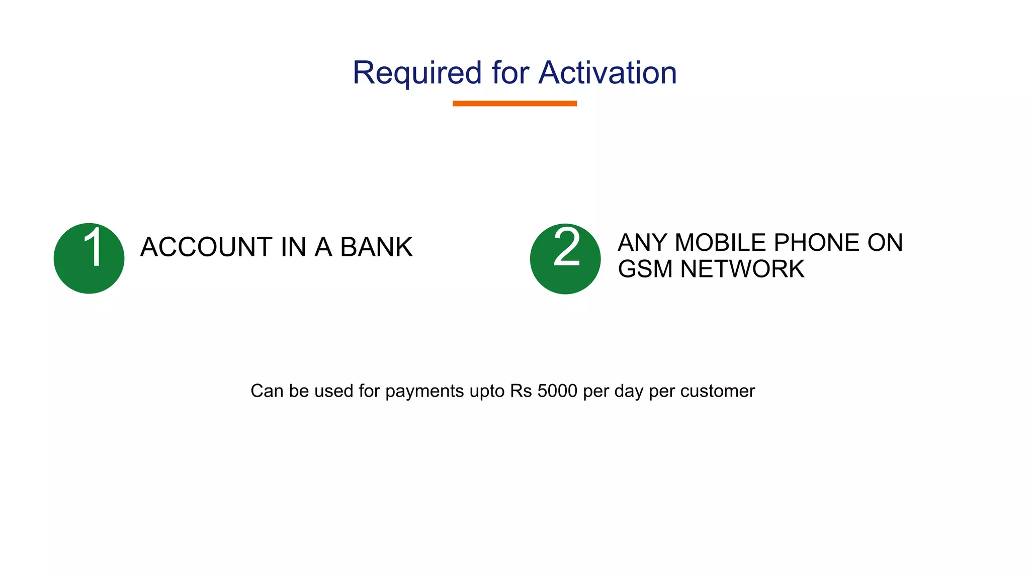 Required for Activation
ACCOUNT IN A BANK
Can be used for payments upto Rs 5000 per day per customer
1 2 ANY MOBILE PHONE ON
GSM NETWORK
 