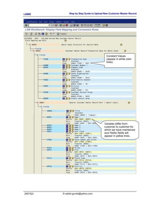 LSMW           Step by Step Guide to Upload New Customer Master Record




                                             Constant Values
                                             (appear in white color
                                             lines)




                                           Variable (differ from
                                           customer to customer for
                                           which we have maintained
                                           sour fields) fields will
                                           appear in yellow lines.




2007/Q3   © satish.gunda@yahoo.com
 