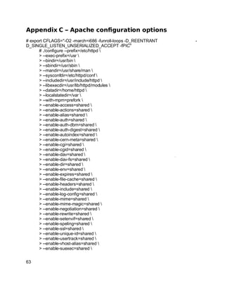 Key fingerprint = AF19 FA27 2F94 998D FDB5 DE3D F8B5 06E4 A169 4E46.
Appendix C – Apache configuration options
# export CFLAGS="-O2 -march=i686 -funroll-loops -D_REENTRANT -
D_SINGLE_LISTEN_UNSERIALIZED_ACCEPT -fPIC"
# ./configure --prefix=/etc/httpd 
> --exec-prefix=/usr 
> --bindir=/usr/bin 
> --sbindir=/usr/sbin 
> --mandir=/usr/share/man 
> --sysconfdir=/etc/httpd/conf 
> --includedir=/usr/include/httpd 
> --libexecdir=/usr/lib/httpd/modules 
> --datadir=/home/httpd 
> --localstatedir=/var 
> --with-mpm=prefork 
> --enable-access=shared 
> --enable-actions=shared 
> --enable-alias=shared 
> --enable-auth=shared 
> --enable-auth-dbm=shared 
> --enable-auth-digest=shared 
> --enable-autoindex=shared 
> --enable-cern-meta=shared 
> --enable-cgi=shared 
> --enable-cgid=shared 
> --enable-dav=shared 
> --enable-dav-fs=shared 
> --enable-dir=shared 
> --enable-env=shared 
> --enable-expires=shared 
> --enable-file-cache=shared 
> --enable-headers=shared 
> --enable-include=shared 
> --enable-log-config=shared 
> --enable-mime=shared 
> --enable-mime-magic=shared 
> --enable-negotiation=shared 
> --enable-rewrite=shared 
> --enable-setenvif=shared 
> --enable-speling=shared 
> --enable-ssl=shared 
> --enable-unique-id=shared 
> --enable-usertrack=shared 
> --enable-vhost-alias=shared 
> --enable-suexec=shared 
63
 