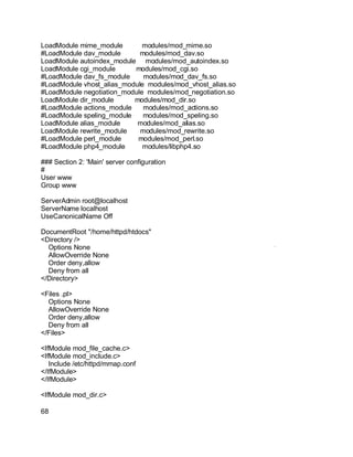 Key fingerprint = AF19 FA27 2F94 998D FDB5 DE3D F8B5 06E4 A169 4E46.
LoadModule mime_module modules/mod_mime.so
#LoadModule dav_module modules/mod_dav.so
LoadModule autoindex_module modules/mod_autoindex.so
LoadModule cgi_module modules/mod_cgi.so
#LoadModule dav_fs_module modules/mod_dav_fs.so
#LoadModule vhost_alias_module modules/mod_vhost_alias.so
#LoadModule negotiation_module modules/mod_negotiation.so
LoadModule dir_module modules/mod_dir.so
#LoadModule actions_module modules/mod_actions.so
#LoadModule speling_module modules/mod_speling.so
LoadModule alias_module modules/mod_alias.so
LoadModule rewrite_module modules/mod_rewrite.so
#LoadModule perl_module modules/mod_perl.so
#LoadModule php4_module modules/libphp4.so
### Section 2: 'Main' server configuration
#
User www
Group www
ServerAdmin root@localhost
ServerName localhost
UseCanonicalName Off
DocumentRoot "/home/httpd/htdocs"
<Directory />
Options None
AllowOverride None
Order deny,allow
Deny from all
</Directory>
<Files .pl>
Options None
AllowOverride None
Order deny,allow
Deny from all
</Files>
<IfModule mod_file_cache.c>
<IfModule mod_include.c>
Include /etc/httpd/mmap.conf
</IfModule>
</IfModule>
<IfModule mod_dir.c>
68
 