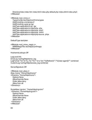 Key fingerprint = AF19 FA27 2F94 998D FDB5 DE3D F8B5 06E4 A169 4E46.
DirectoryIndex index.htm index.html index.php default.php index.shtml index.php3
</IfModule>
<IfModule mod_mime.c>
TypesConfig /etc/httpd/conf/mime.types
AddEncoding x-compress Z
AddEncoding x-gzip gz tgz
AddType application/x-tar .tgz
AddType application/x-httpd-php .php
AddType application/x-httpd-php .php3
AddType application/x-httpd-php .shtml
AddType application/x-httpd-php-source .phps
</IfModule>
DefaultType text/plain
<IfModule mod_mime_magic.c>
MIMEMagicFile /etc/httpd/conf/magic
</IfModule>
HostnameLookups Off
LogLevel info
ErrorLog /var/log/httpd/error_log
LogFormat "%h %l %u %t "%r" %>s %b "%{Referer}i" "%{User-agent}i"" combined
CustomLog /var/log/httpd/access_log combined
ServerSignature Off
<IfModule mod_alias.c>
Alias /icons/ "/home/httpd/icons/"
<Directory "/home/httpd/icons">
Options None
AllowOverride None
Order allow,deny
Allow from all
</Directory>
ScriptAlias /cgi-bin/ "/home/httpd/cgi-bin/"
<Directory "/home/httpd/cgi-bin">
Options None
AllowOverride None
Order allow,deny
Allow from all
</Directory>
</IfModule>
69
 