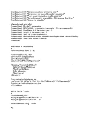 Key fingerprint = AF19 FA27 2F94 998D FDB5 DE3D F8B5 06E4 A169 4E46.
ErrorDocument 500 "Server encountered an internal error."
ErrorDocument 501 "Server does not support the action requested."
ErrorDocument 502 "Proxy server received an invalid response."
ErrorDocument 503 "Server temporarily unavailable -- Maintenance downtime."
ErrorDocument 506 "Access not possible."
<IfModule mod_setenvif.c>
BrowserMatch "Mozilla/2" nokeepalive
BrowserMatch "MSIE 4.0b2;" nokeepalive downgrade-1.0 force-response-1.0
BrowserMatch "RealPlayer 4.0" force-response-1.0
BrowserMatch "Java/1.0" force-response-1.0
BrowserMatch "JDK/1.0" force-response-1.0
BrowserMatch "Microsoft Data Access Internet Publishing Provider" redirect-carefully
BrowserMatch "^WebDrive" redirect-carefully
</IfModule>
### Section 3: Virtual Hosts
#
NameVirtualHost 127.0.0.1:80
<VirtualHost 127.0.0.1:80>
ServerAdmin root@localhost
ServerName localhost
DocumentRoot "/home/httpd/htdocs"
<Directory "/home/httpd/htdocs">
Options Indexes MultiViews
AllowOverride None
Order allow,deny
Allow from all
</Directory>
ErrorLog /var/log/httpd/error_log
LogFormat "%h %l %u %t "%r" %>s %b "%{Referer}i" "%{User-agent}i""
TransferLog /var/log/httpd/access_log
</VirtualHost>
## SSL Global Context
#
<IfModule mod_ssl.c>
AddType application/x-x509-ca-cert .crt
AddType application/x-pkcs7-crl .crl
SSLPassPhraseDialog builtin
71
 