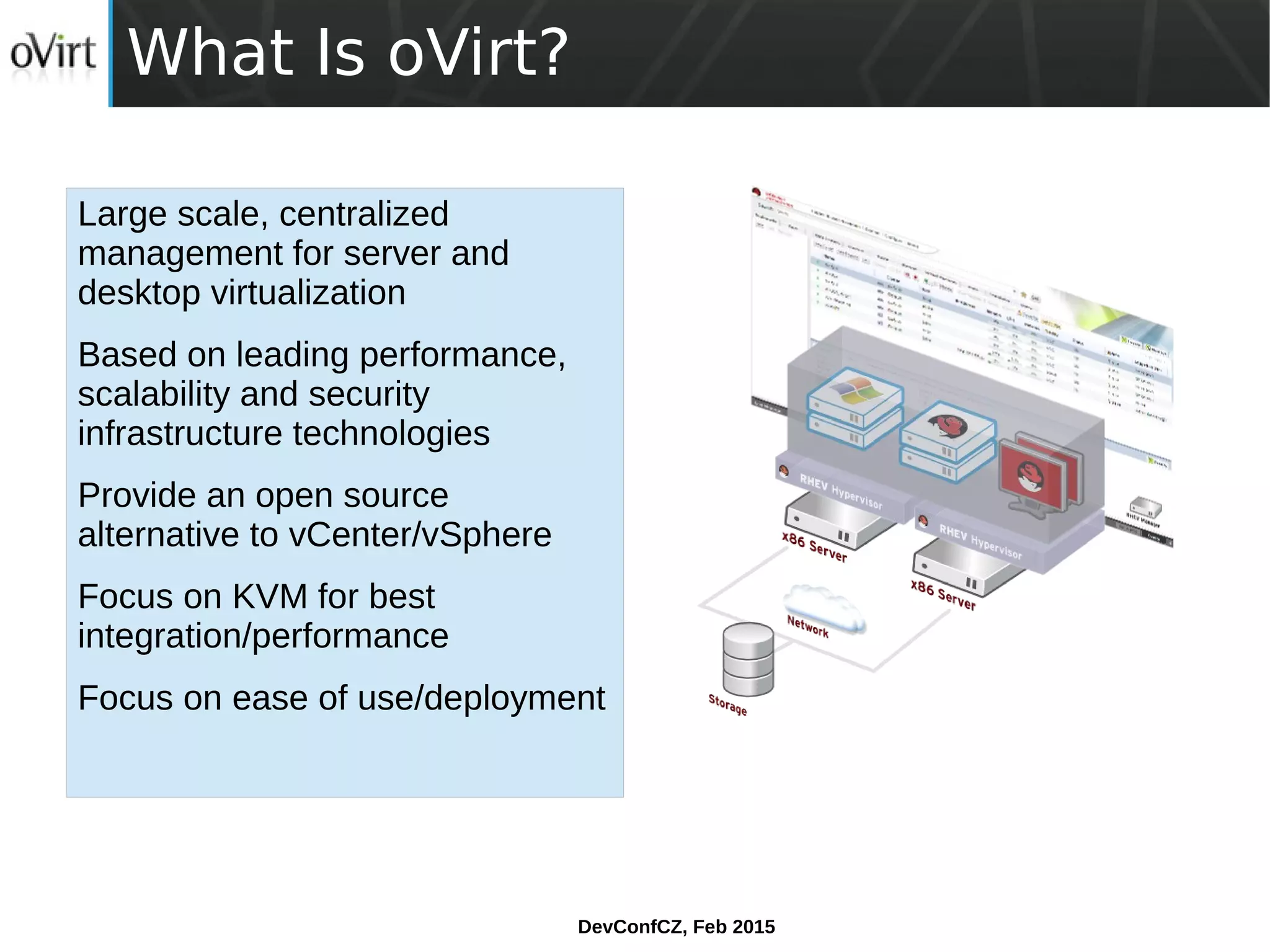 DevConfCZ, Feb 2015
What Is oVirt?
Large scale, centralized
management for server and
desktop virtualization
Based on leading performance,
scalability and security
infrastructure technologies
Provide an open source
alternative to vCenter/vSphere
Focus on KVM for best
integration/performance
Focus on ease of use/deployment
 