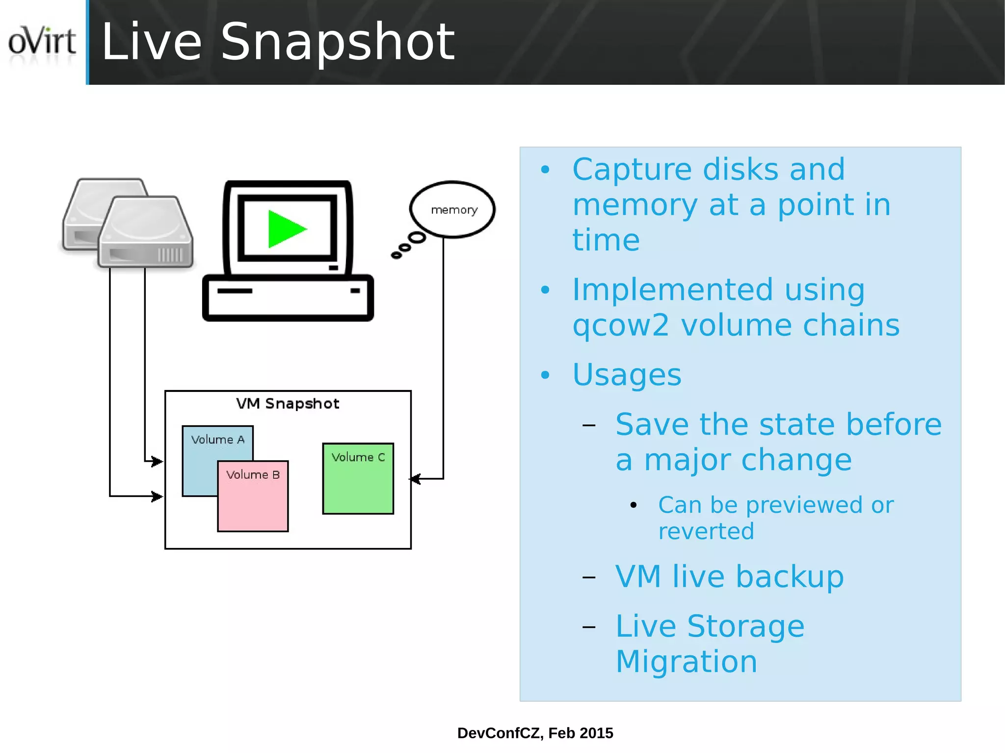 DevConfCZ, Feb 2015
Live Snapshot
● Capture disks and
memory at a point in
time
● Implemented using
qcow2 volume chains
● Usages
– Save the state before
a major change
● Can be previewed or
reverted
– VM live backup
– Live Storage
Migration
 