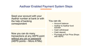 You can do
– Account balance
– Aadhar to Aadhar fund
transfer
– Cash withdrawal
– Cash deposit
– Purchase at Fair Price Shops
with AEPS
Aadhaar Enabled Payment System Steps
Seed your account with your
Aadhar number at bank or with
the help of banking
correspondent
Now you can do many
transactions at any AEPS point
without any pin or password
(AEPS points – Micro ATMs)
 