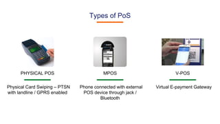 PHYSICAL POS
Physical Card Swiping – PTSN
with landline / GPRS enabled
MPOS
Phone connected with external
POS device through jack /
Bluetooth
V-POS
Virtual E-payment Gateway
Types of PoS
 