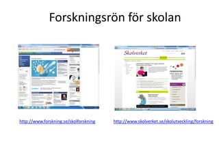 Forskningsrön för skolan




http://www.forskning.se/skolforskning   http://www.skolverket.se/skolutveckling/forskning
 