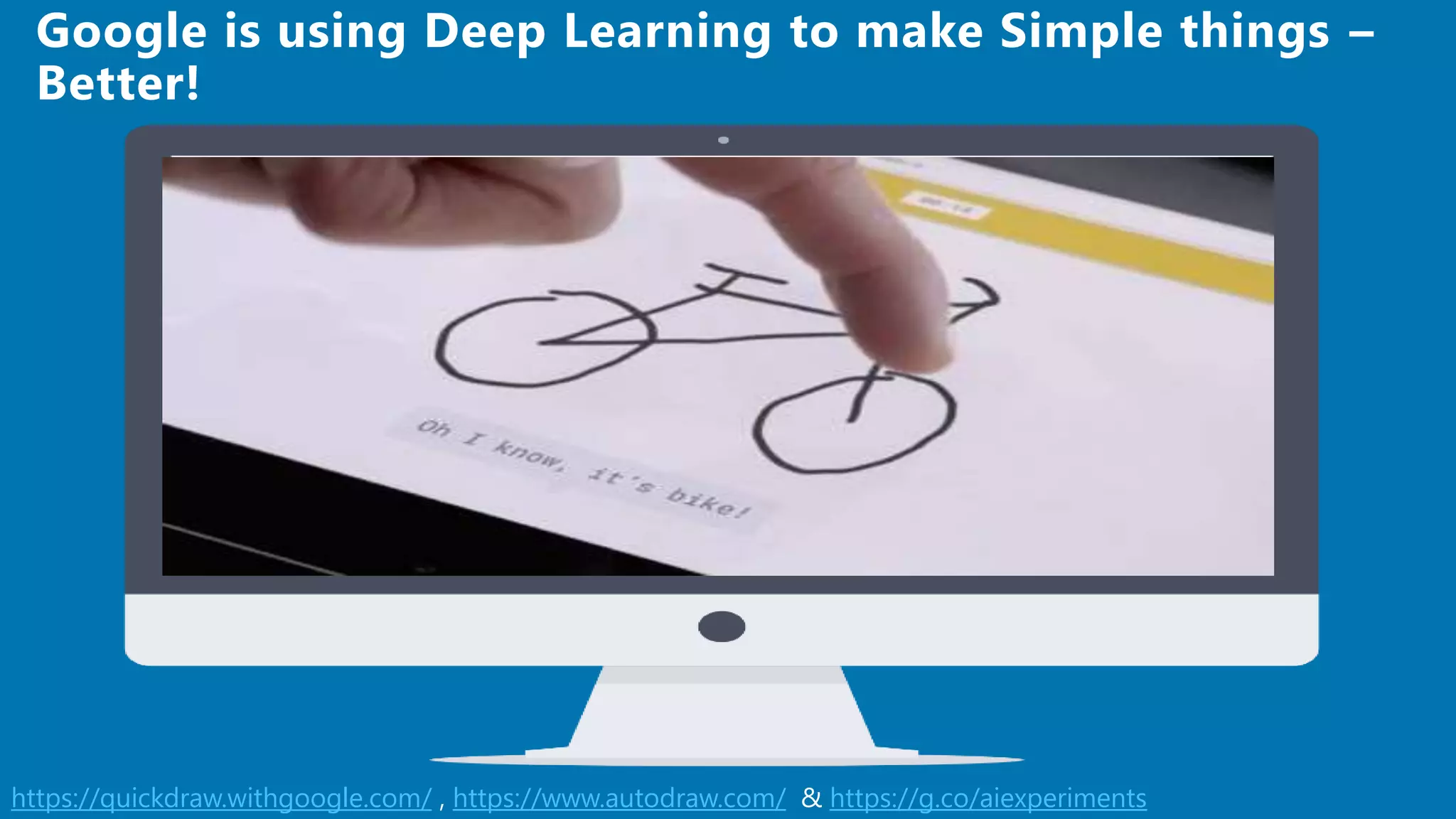 https://quickdraw.withgoogle.com/ , https://www.autodraw.com/ & https://g.co/aiexperiments
Google is using Deep Learning to make Simple things –
Better!
 