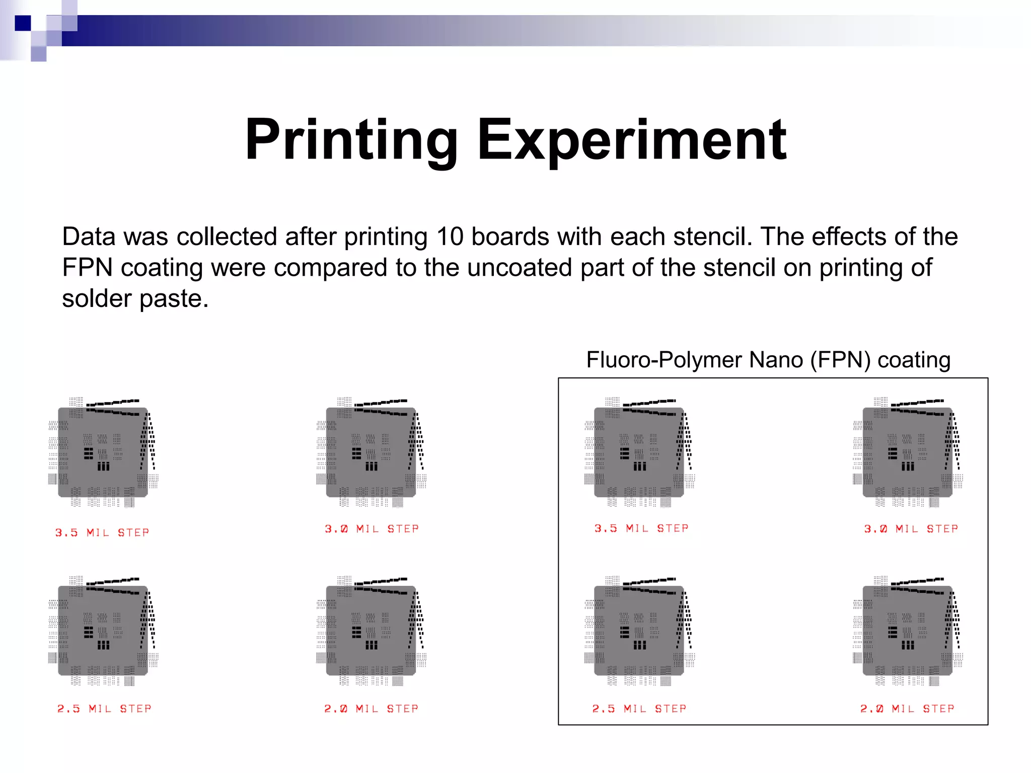 Printing Experiment
Data was collected after printing 10 boards with each stencil. The effects of the
FPN coating were compared to the uncoated part of the stencil on printing of
solder paste.
Fluoro-Polymer Nano (FPN) coating
 