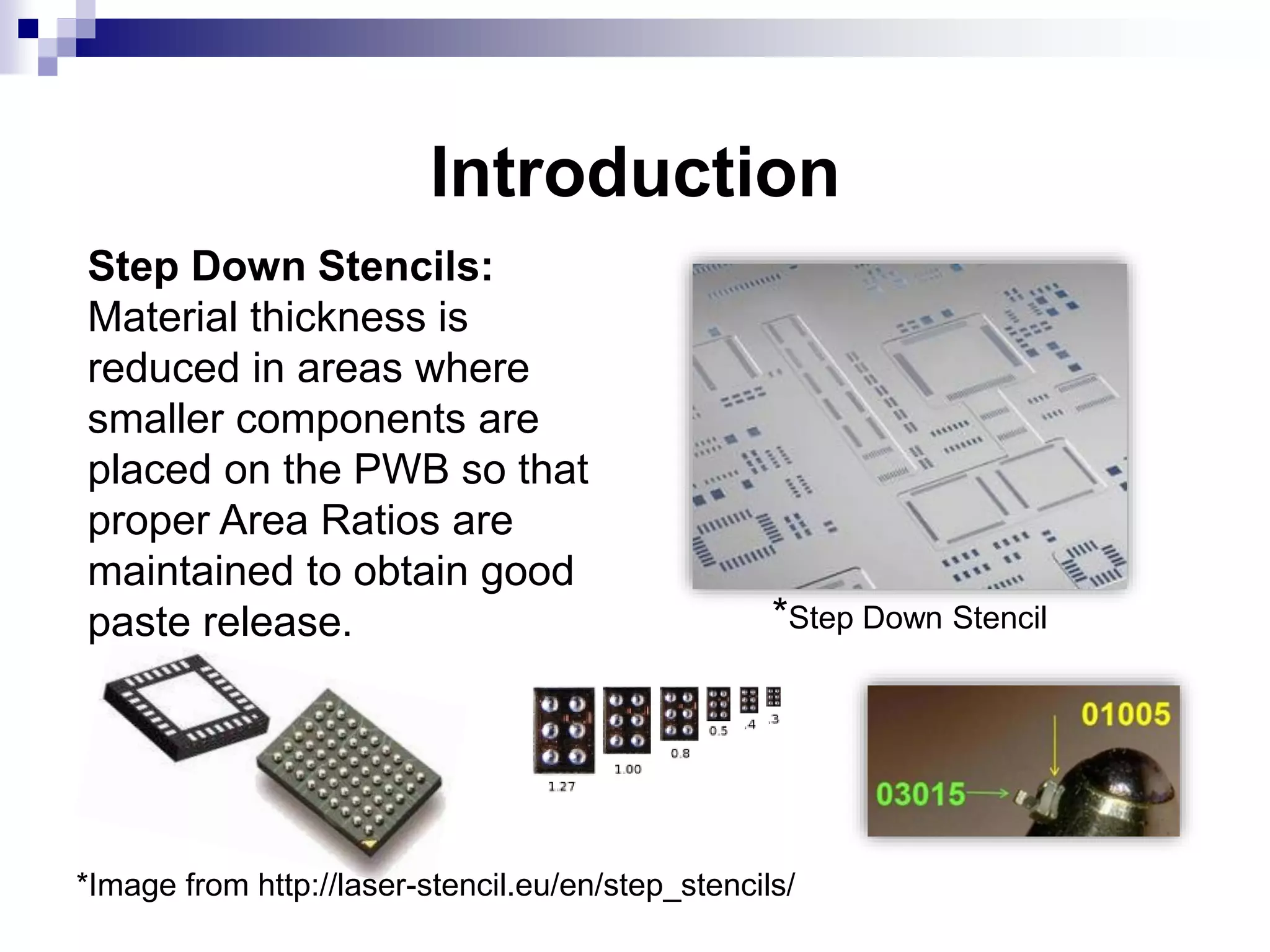 Introduction
Step Down Stencils:
Material thickness is
reduced in areas where
smaller components are
placed on the PWB so that
proper Area Ratios are
maintained to obtain good
paste release.
*Image from http://laser-stencil.eu/en/step_stencils/
*Step Down Stencil
 