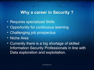 • Requires specialized Skills
• Opportunity for continuous learning
• Challenging job prospectus
• Niche Area
• Currently there is a big shortage of skilled
Information Security Professionals in line with
Data exploration and exploitation.
http://vprasanna.com
Why a career in Security ?
 