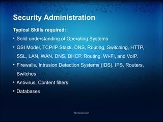 Security Administration
Typical Skills required:

Solid understanding of Operating Systems

OSI Model, TCP/IP Stack, DNS, Routing, Switching, HTTP,
SSL, LAN, WAN, DNS, DHCP, Routing, Wi-Fi, and VoIP.

Firewalls, Intrusion Detection Systems (IDS), IPS, Routers,
Switches

Antivirus, Content filters

Databases
http://vprasanna.com
 