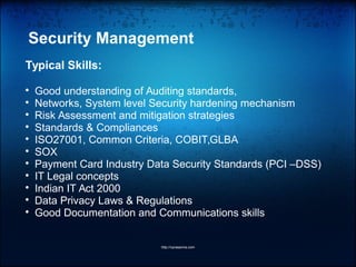 Security Management
Typical Skills:

Good understanding of Auditing standards,

Networks, System level Security hardening mechanism

Risk Assessment and mitigation strategies

Standards & Compliances

ISO27001, Common Criteria, COBIT,GLBA

SOX

Payment Card Industry Data Security Standards (PCI –DSS)

IT Legal concepts

Indian IT Act 2000

Data Privacy Laws & Regulations

Good Documentation and Communications skills
http://vprasanna.com
 