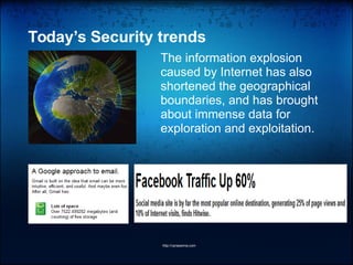 Today’s Security trends
The information explosion
caused by Internet has also
shortened the geographical
boundaries, and has brought
about immense data for
exploration and exploitation.
http://vprasanna.com
 