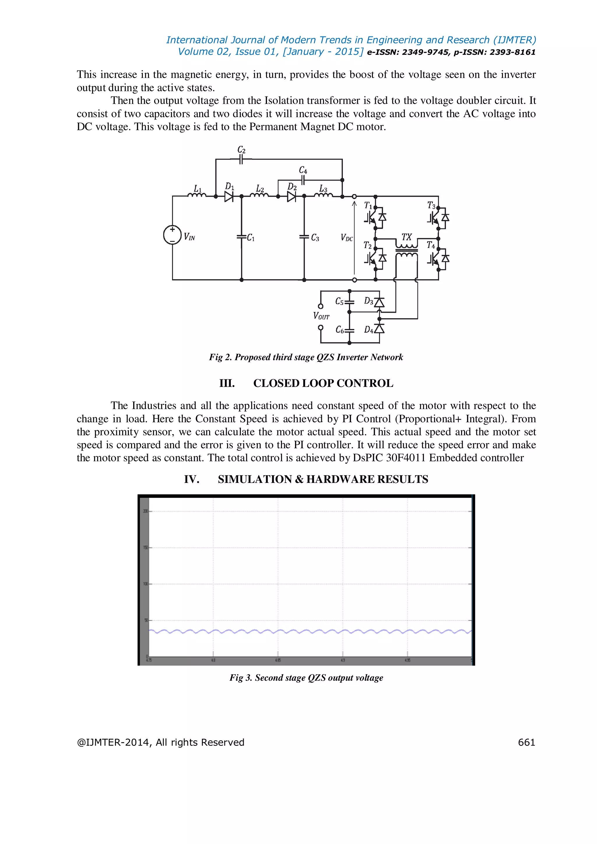 International Journal of Modern Trends in Engineering and Research (IJMTER)
Volume 02, Issue 01, [January - 2015] e-ISSN: 2349-9745, p-ISSN: 2393-8161
@IJMTER-2014, All rights Reserved 661
This increase in the magnetic energy, in turn, provides the boost of the voltage seen on the inverter
output during the active states.
Then the output voltage from the Isolation transformer is fed to the voltage doubler circuit. It
consist of two capacitors and two diodes it will increase the voltage and convert the AC voltage into
DC voltage. This voltage is fed to the Permanent Magnet DC motor.
Fig 2. Proposed third stage QZS Inverter Network
III. CLOSED LOOP CONTROL
The Industries and all the applications need constant speed of the motor with respect to the
change in load. Here the Constant Speed is achieved by PI Control (Proportional+ Integral). From
the proximity sensor, we can calculate the motor actual speed. This actual speed and the motor set
speed is compared and the error is given to the PI controller. It will reduce the speed error and make
the motor speed as constant. The total control is achieved by DsPIC 30F4011 Embedded controller
IV. SIMULATION & HARDWARE RESULTS
Fig 3. Second stage QZS output voltage
 