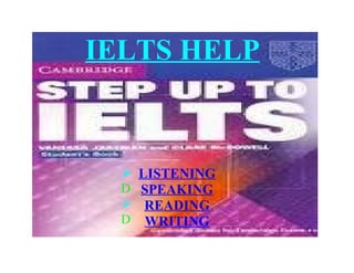 IELTS HELP



   LISTENING
  D SPEAKING
   READING
  D WRITING
  
 