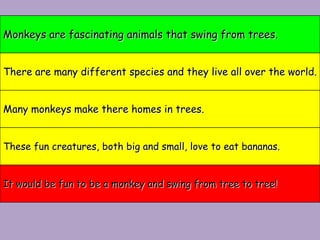 Monkeys are fascinating animals that swing from trees.There are many different species and they live all over the world.Many monkeys make there homes in trees.These fun creatures, both big and small, love to eat bananas.It would be fun to be a monkey and swing from tree to tree!