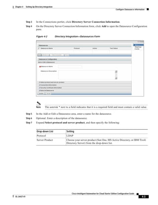 Chapter 4     Setting Up Directory Integration
                                                                                                                   Configure Datasource Information




              Step 3      In the Connections portlet, click Directory Server Connection Information.
              Step 4      On the Directory Server Connection Information form, click Add to open the Datasource Configuration
                          pane.

                          Figure 4-2             Directory Integration—Datasources Form




                          Note      The asterisk * next to a field indicates that it is a required field and must contain a valid value.

              Step 5      In the Add or Edit a Datasource area, enter a name for the datasource.
              Step 6      Optional. Enter a description of the datasource.
              Step 7      Expand Select protocol and server product, and then specify the following:


                           Drop-down List                 Setting
                           Protocol                       LDAP
                           Server Product                 Choose your server product (Sun One, MS Active Directory, or IBM Tivoli
                                                          Directory Server) from the drop-down list.




                                                               Cisco Intelligent Automation for Cloud Starter Edition Configuration Guide
OL-26427-01                                                                                                                                     4-3
 