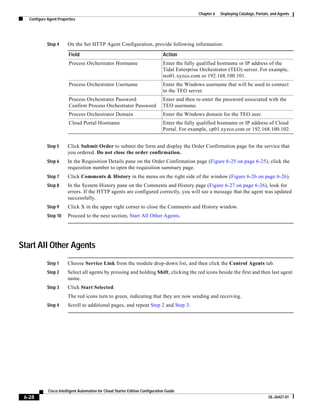 Chapter 6   Deploying Catalogs, Portals, and Agents
   Configure Agent Properties




             Step 4     On the Set HTTP Agent Configuration, provide following information:

                         Field                                                  Action
                         Process Orchestrator Hostname                          Enter the fully qualified hostname or IP address of the
                                                                                Tidal Enterprise Orchestrator (TEO) server. For example,
                                                                                teo01.xyzco.com or 192.168.100.101.
                         Process Orchestrator Username                          Enter the Windows username that will be used to connect
                                                                                to the TEO server.
                         Process Orchestrator Password                          Enter and then re-enter the password associated with the
                         Confirm Process Orchestrator Password                  TEO username.
                         Process Orchestrator Domain                            Enter the Windows domain for the TEO user.
                         Cloud Portal Hostname                                  Enter the fully qualified hostname or IP address of Cloud
                                                                                Portal. For example, cp01.xyzco.com or 192.168.100.102.


             Step 5     Click Submit Order to submit the form and display the Order Confirmation page for the service that
                        you ordered. Do not close the order confirmation.
             Step 6     In the Requisition Details pane on the Order Confirmation page (Figure 6-25 on page 6-25), click the
                        requisition number to open the requisition summary page.
             Step 7     Click Comments & History in the menu on the right side of the window (Figure 6-26 on page 6-26).
             Step 8     In the System History pane on the Comments and History page (Figure 6-27 on page 6-26), look for
                        errors. If the HTTP agents are configured correctly, you will see a message that the agent was updated
                        successfully.
             Step 9     Click X in the upper right corner to close the Comments and History window.
             Step 10    Proceed to the next section, Start All Other Agents.




Start All Other Agents
             Step 1     Choose Service Link from the module drop-down list, and then click the Control Agents tab.
             Step 2     Select all agents by pressing and holding Shift, clicking the red icons beside the first and then last agent
                        name.
             Step 3     Click Start Selected.
                        The red icons turn to green, indicating that they are now sending and receiving.
             Step 4     Scroll to additional pages, and repeat Step 2 and Step 3.




             Cisco Intelligent Automation for Cloud Starter Edition Configuration Guide
 6-28                                                                                                                                  OL-26427-01
 