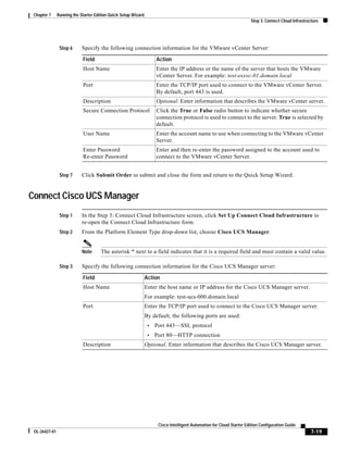 Chapter 7     Running the Starter Edition Quick Setup Wizard
                                                                                                                       Step 3: Connect Cloud Infrastructure




                Step 6      Specify the following connection information for the VMware vCenter Server:

                            Field                                    Action
                            Host Name                                Enter the IP address or the name of the server that hosts the VMware
                                                                     vCenter Server. For example: test-esxvc-01.domain.local
                            Port                                     Enter the TCP/IP port used to connect to the VMware vCenter Server.
                                                                     By default, port 443 is used.
                            Description                              Optional. Enter information that describes the VMware vCenter server.
                            Secure Connection Protocol               Click the True or False radio button to indicate whether secure
                                                                     connection protocol is used to connect to the server. True is selected by
                                                                     default.
                            User Name                                Enter the account name to use when connecting to the VMware vCenter
                                                                     Server.
                            Enter Password                           Enter and then re-enter the password assigned to the account used to
                            Re-enter Password                        connect to the VMware vCenter Server.


                Step 7      Click Submit Order to submit and close the form and return to the Quick Setup Wizard.


Connect Cisco UCS Manager
                Step 1      In the Step 3: Connect Cloud Infrastructure screen, click Set Up Connect Cloud Infrastructure to
                            re-open the Connect Cloud Infrastructure form.
                Step 2      From the Platform Element Type drop-down list, choose Cisco UCS Manager.


                            Note      The asterisk * next to a field indicates that it is a required field and must contain a valid value.

                Step 3      Specify the following connection information for the Cisco UCS Manager server:

                            Field                               Action
                            Host Name                           Enter the host name or IP address for the Cisco UCS Manager server.
                                                                For example: test-ucs-000.domain.local
                            Port                                Enter the TCP/IP port used to connect to the Cisco UCS Manager server.
                                                                By default, the following ports are used:
                                                                 •   Port 443—SSL protocol
                                                                 •   Port 80—HTTP connection
                            Description                         Optional. Enter information that describes the Cisco UCS Manager server.




                                                                      Cisco Intelligent Automation for Cloud Starter Edition Configuration Guide
 OL-26427-01                                                                                                                                           7-19
 