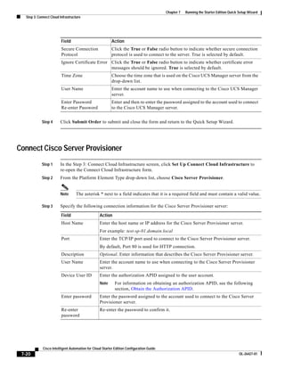 Chapter 7   Running the Starter Edition Quick Setup Wizard
   Step 3: Connect Cloud Infrastructure




                          Field                            Action
                          Secure Connection                Click the True or False radio button to indicate whether secure connection
                          Protocol                         protocol is used to connect to the server. True is selected by default.
                          Ignore Certificate Error Click the True or False radio button to indicate whether certificate error
                                                   messages should be ignored. True is selected by default.
                          Time Zone                        Choose the time zone that is used on the Cisco UCS Manager server from the
                                                           drop-down list.
                          User Name                        Enter the account name to use when connecting to the Cisco UCS Manager
                                                           server.
                          Enter Password                   Enter and then re-enter the password assigned to the account used to connect
                          Re-enter Password                to the Cisco UCS Manager server.


             Step 4      Click Submit Order to submit and close the form and return to the Quick Setup Wizard.




Connect Cisco Server Provisioner
             Step 1      In the Step 3: Connect Cloud Infrastructure screen, click Set Up Connect Cloud Infrastructure to
                         re-open the Connect Cloud Infrastructure form.
             Step 2      From the Platform Element Type drop-down list, choose Cisco Server Provisioner.


                         Note       The asterisk * next to a field indicates that it is a required field and must contain a valid value.

             Step 3      Specify the following connection information for the Cisco Server Provisioner server:

                          Field                    Action
                          Host Name                Enter the host name or IP address for the Cisco Server Provisioner server.
                                                   For example: test-sp-01.domain.local
                          Port                     Enter the TCP/IP port used to connect to the Cisco Server Provisioner server.
                                                   By default, Port 80 is used for HTTP connection.
                          Description              Optional. Enter information that describes the Cisco Server Provisioner server.
                          User Name                Enter the account name to use when connecting to the Cisco Server Provisioner
                                                   server.
                          Device User ID           Enter the authorization APID assigned to the user account.
                                                   Note      For information on obtaining an authorization APID, see the following
                                                             section, Obtain the Authorization APID.
                          Enter password           Enter the password assigned to the account used to connect to the Cisco Server
                                                   Provisioner server.
                          Re-enter                 Re-enter the password to confirm it.
                          password




              Cisco Intelligent Automation for Cloud Starter Edition Configuration Guide
 7-20                                                                                                                                    OL-26427-01
 