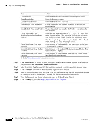 Chapter 7   Running the Starter Edition Quick Setup Wizard
  Step 4: Set Provisioning Settings




                         Field                                          Action
                         Cloud Domain                                   Enter the domain name that commissioned servers will use.
                         Cloud Domain User                              Enter the domain username.
                         Cloud Domain Password                          Enter the domain user’s password.
                         Cloud Default Time Zone Linux                  Choose the default time zone for the Linux server from the
                                                                        drop-down list.1
                         Cloud Default Time Zone Windows Choose the default time zone for the Windows server from the
                                                         drop-down list.1
                         Cisco Cloud Portal Data                        Enter the UNC path (Windows) or SFTP (UNIX or Linux) path
                         Synchronization Dropbox Base                   to the directory where Tidal Enterprise Orchestrator will create
                         Directory                                      files for import by the Cloud Portal service item import agent.
                                                                        This directory is the parent directory for the Cisco Cloud Portal
                                                                        Input, Backup, and Temp directory locations.
                         Cisco Cloud Portal Drop Input                  Enter the name of the input folder that you created for the Data
                         Location                                       Synchronization Dropbox.
                         Cisco Cloud Portal Drop Backup                 Enter the name of the backup folder that you created for the Data
                         Location                                       Synchronization Dropbox.
                         Cisco Cloud Portal Drop Temp                   Enter the name of the temporary folder that you created for the
                         Location                                       Data Synchronization Dropbox.
                         1. See the VMware documentation for valid time zone values.


            Step 3       Click Submit Order to submit the form and display the Order Confirmation page for the service that
                         you just ordered. Do not close the order confirmation.
            Step 4       In the Requisition Details pane, click the requisition number to open the requisition summary page.
            Step 5       Click Comments & History in the menu on the right side of the window.
            Step 6       In the System History pane, look for errors. If the bare metal and virtual machine provisioning settings
                         are configured correctly, you will see a message that the agent was updated successfully.
            Step 7       Close the Comments and History window and return to the Quick Setup Wizard.
            Step 8       Click Next Step to proceed to Step 5: Register Blades and Templates.




             Cisco Intelligent Automation for Cloud Starter Edition Configuration Guide
7-24                                                                                                                                    OL-26427-01
 