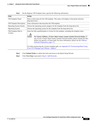 Chapter 7     Running the Starter Edition Quick Setup Wizard
                                                                                                               Step 5: Register Blades and Templates




                Step 2      On the Register VM Template form, specify the following information:

Field                                Action
VM Template Name                     Enter a short name for the VM template. This name will display in the portal selection
                                     drop-down lists.
VM Template Description              Enter information that describes the VM template.
Operating System Family              Choose the operating system category for the template from the drop-down list.
Operating System                     Choose the operating system for the template from the drop-down list.
VM Template Path in                  Enter the fully qualified path in vCenter for the template, including the template name.
vCenter

                                     Caution      For Starter Edition, vCenter object names cannot contain forward slashes. If
                                                  any of your vCenter object names contains forward slashes, please rename the files
                                                  before you specify a vCenter path. For more information, please see the VMware
                                                  Software Preparation, page 1-9.

                                     For help constructing the vCenter template path, see Appendix D “Constructing Paths Using
                                     Cisco UCS Manager and VMware vSphere.”


                Step 3      Click Submit Order to submit the form and return to the Quick Setup Wizard.
                Step 4      Click Next Step to proceed to Step 6: Add Networks.




                                                                Cisco Intelligent Automation for Cloud Starter Edition Configuration Guide
 OL-26427-01                                                                                                                                    7-31
 