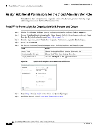 Chapter 8   Setting Up the Cloud Administration
  Assign Additional Permissions for the Cloud Administrator Role




Assign Additional Permissions for the Cloud Administrator Role
                        Starter Edition ships with permissions assigned to certain roles. However, you must manually assign
                        additional permissions to the Cloud Administrator role.


Read/Write Permissions for Organization Unit, Person, and Queue
            Step 1      Choose Organization Designer from the module drop-down list, and then click the Roles tab.
            Step 2      Expand Cisco Intelligent Automation for Cloud Roles in the Role Hierarchy pane, and select Cloud
                        Provider Technical Administrator (Figure 8-2 on page 8-3).
            Step 3      From the right menu, select Permissions to open the Permissions Assigned to This Role pane.
            Step 4      Click Add Permission.
            Step 5      On the Add [Additional] Permissions pane, select the following filters, and then click Add:

                        Field                                       Action
                        Object Type                                 Choose Organizational Unit from the drop-down list.
                        Permissions for this type                   Choose Read/Write from the drop-down list.
                        Assign permission to                        Click the All objects of this type radio button.

                        Figure 8-3            Organization Designer—Add [Additional] Permission




            Step 6      Repeat Step 1 through Step 5 for the Person and Queue object types.
            Step 7      Proceed to the next section, Read/Write Permissions for Role.




            Cisco Intelligent Automation for Cloud Starter Edition Configuration Guide
 8-4                                                                                                                               OL-26427-01
 