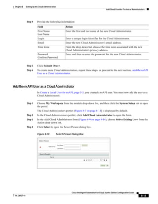 Chapter 8     Setting Up the Cloud Administration
                                                                                                       Add Cloud Provider Technical Administrators




                Step 4      Provide the following information:

                            Field                        Action
                            First Name                   Enter the first and last name of the new Cloud Administrator.
                            Last Name
                            Login                        Enter a unique login identifier for the Cloud Administrator.
                            Email                        Enter the new Cloud Administrator’s email address.
                            Time Zone                    From the drop-down list, choose the time zone associated with the new
                                                         Cloud Administrator's primary address.
                            Password                     Enter and then re-enter the password for the new Cloud Administrator.
                            Confirm Password


                Step 5      Click Submit Order.
                Step 6      To create more Cloud Administrators, repeat these steps, or proceed to the next section, Add the nsAPI
                            User as a Cloud Administrator.




Add the nsAPI User as a Cloud Administrator
                            In Create a Local User for nsAPI, page 5-5, you created a nsAPI user. You must now add the user as a
                            Cloud Administrator.


                Step 1      Choose My Workspace from the module drop-down list, and then click the System Setup tab to open
                            the portal.
                            The Cloud Administrators portlet (Figure 8-7 on page 8-13) is displayed by default.
                Step 2      In the Cloud Administrators portlet, click Add Cloud Administrator to open the form.
                Step 3      In the Add Cloud Administrator form (Figure 8-9 on page 8-14), choose Select Exiting User from the
                            Action drop-down list.
                Step 4      Click Select to open the Select Person dialog box.

                            Figure 8-10          Select Person Dialog Box




                                                               Cisco Intelligent Automation for Cloud Starter Edition Configuration Guide
 OL-26427-01                                                                                                                                  8-15
 