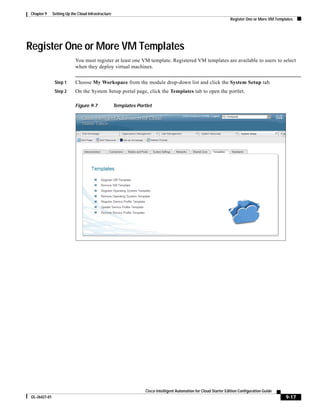 Chapter 9     Setting Up the Cloud Infrastructure
                                                                                                                   Register One or More VM Templates




Register One or More VM Templates
                           You must register at least one VM template. Registered VM templates are available to users to select
                           when they deploy virtual machines.


               Step 1      Choose My Workspace from the module drop-down list and click the System Setup tab.
               Step 2      On the System Setup portal page, click the Templates tab to open the portlet.

                           Figure 9-7               Templates Portlet




                                                                  Cisco Intelligent Automation for Cloud Starter Edition Configuration Guide
OL-26427-01                                                                                                                                     9-17
 