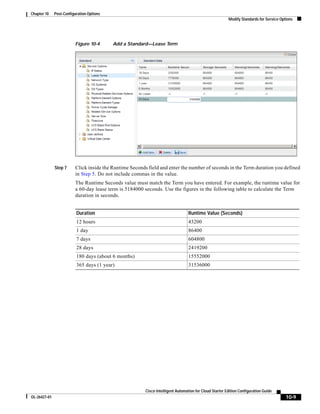 Chapter 10    Post-Configuration Options
                                                                                                         Modify Standards for Service Options




                         Figure 10-4       Add a Standard—Lease Term




              Step 7     Click inside the Runtime Seconds field and enter the number of seconds in the Term duration you defined
                         in Step 5. Do not include commas in the value.
                         The Runtime Seconds value must match the Term you have entered. For example, the runtime value for
                         a 60-day lease term is 5184000 seconds. Use the figures in the following table to calculate the Term
                         duration in seconds.


                          Duration                                                Runtime Value (Seconds)
                          12 hours                                                43200
                          1 day                                                   86400
                          7 days                                                  604800
                          28 days                                                 2419200
                          180 days (about 6 months)                               15552000
                          365 days (1 year)                                       31536000




                                                         Cisco Intelligent Automation for Cloud Starter Edition Configuration Guide
OL-26427-01                                                                                                                              10-9
 