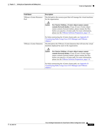 Chapter 11    Setting Up an Organization and Adding Users
                                                                                                                           Create an Organization




                          Field Name                        Description
                          VMware vCenter Resource           The full path to the resource pool that will manage the virtual machines
                          Pool                              for the organization.


                                                            Caution     For Starter Edition, vCenter object names cannot
                                                                        contain forward slashes. If any of your vCenter object
                                                                        names contains forward slashes, please rename the files
                                                                        before you specify a vCenter path. For more information,
                                                                        please see the VMware Software Preparation, page 1-9.

                                                            For help constructing the vCenter cluster path, see Appendix D
                                                            “Constructing Paths Using Cisco UCS Manager and VMware
                                                            vSphere.”
                          VMware vCenter Datastore          The full path to the VMware vCenter datastore that will store the virtual
                                                            machines deployed by users in the organization.


                                                            Caution     For Starter Edition, vCenter object names cannot
                                                                        contain forward slashes. If any of your vCenter object
                                                                        names contains forward slashes, please rename the files
                                                                        before you specify a vCenter path. For more information,
                                                                        please see the VMware Software Preparation, page 1-9.

                                                            For help constructing the vCenter cluster path, see Appendix D
                                                            “Constructing Paths Using Cisco UCS Manager and VMware
                                                            vSphere.”




                                                            Cisco Intelligent Automation for Cloud Starter Edition Configuration Guide
OL-26427-01                                                                                                                                  11-3
 